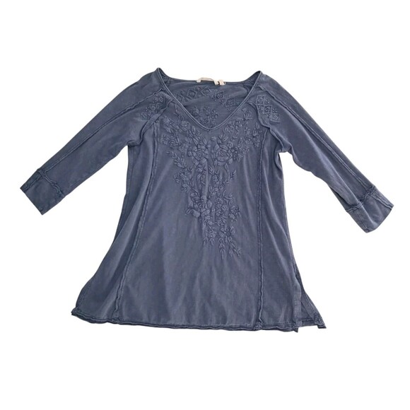 Soft Surroundings Top Navy‎ Blue Floral Embroidered Boho Lagenlook Women's XS - Picture 1 of 9